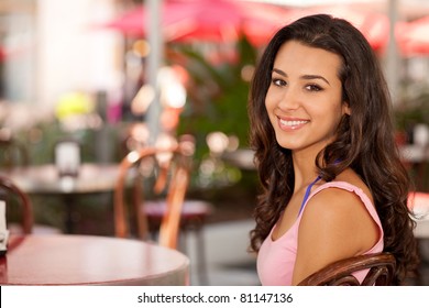 Beautiful Young Woman Outdoor In Miami Beach Lincoln Road Mall.