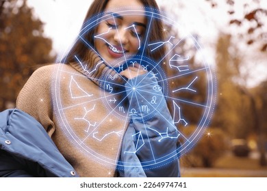 Beautiful young woman outdoors and zodiac wheel illustration