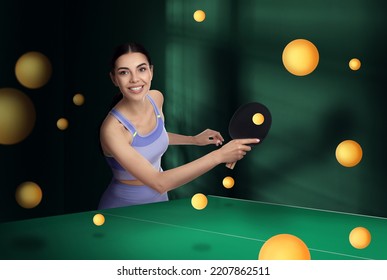 Beautiful Young Woman Playing Ping Pong And Many Flying Balls Indoors