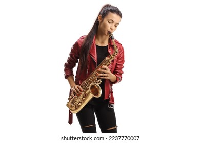 Beautiful young woman playing a saxophone isolated on white background - Shutterstock ID 2237770007