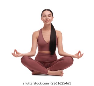 Beautiful young woman practicing yoga on white background. Lotus pose - Powered by Shutterstock