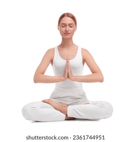 Beautiful young woman practicing yoga on white background. Lotus pose