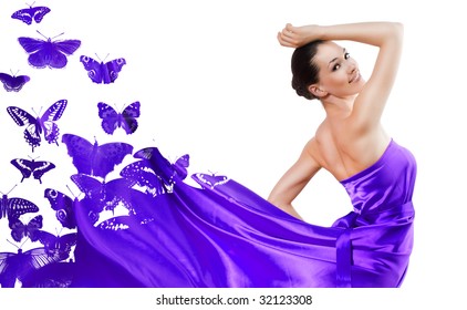 Beautiful Young Woman In Purple Long Dress