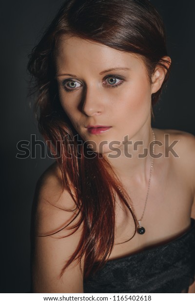 Beautiful Young Woman Red Hair Blue Stock Photo Edit Now 1165402618
