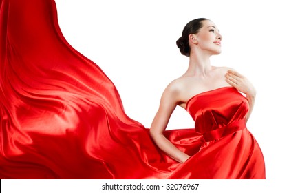 Beautiful Young Woman In Red Long Dress