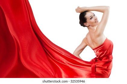 Beautiful Young Woman In Red Long Dress