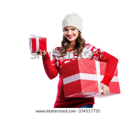 Beautiful young woman in red sweater. Studio shot on white background.