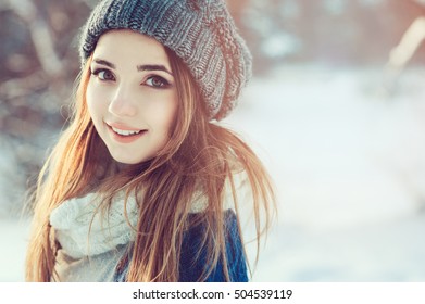 Beautiful Young Woman Relaxing On Winter Walk In Snowy Forest, Candid Capture, Lifestyle Scene