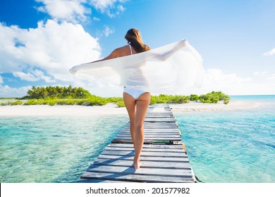 Beautiful Young Woman Relaxing Tropical Island, Vacation Travel Concept