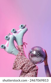 Beautiful young woman in roller skates with disco ball on color background, closeup