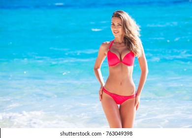Beautiful young woman in sexy bikini standing at sea beach