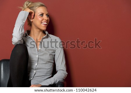 Similar – Image, Stock Photo Blonde woman leaning on a white wall while looking camera