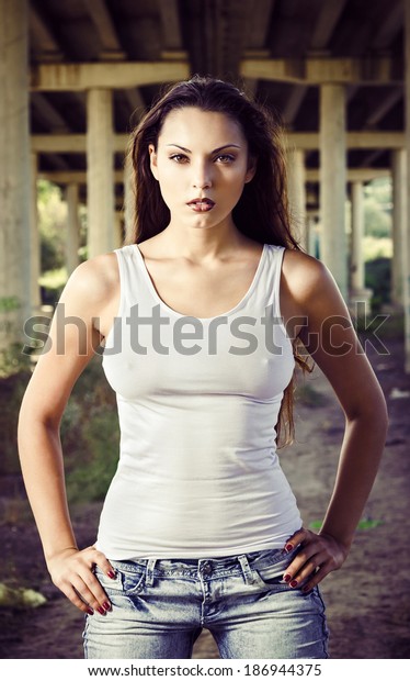 Beautiful Young Woman Shirt Jeans Stands Stock Photo 186944375 ...