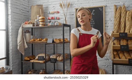 Beautiful young woman with short blonde hair wearing a red apron working in a bakery shop with shelves of bread and pastries in the background, gesturing with hands - Powered by Shutterstock