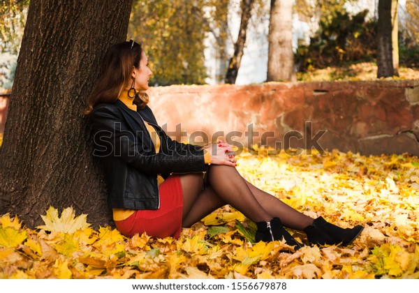 Beautiful Young Woman Short Skirt Brown Stock Photo (Edit Now) 1556679878