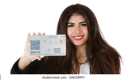 Beautiful young woman showing futuristic cyber passport isolated on white