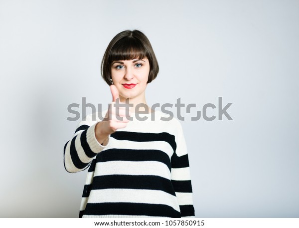 Beautiful Young Woman Showing Thumbs Short Stock Photo Edit Now