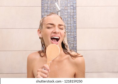 Beautiful Young Woman Singing In Shower At Home