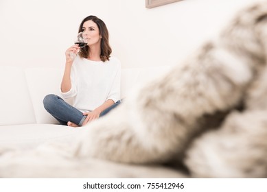 A Beautiful Young Woman Siting On A Couch With A Glass Of Wine