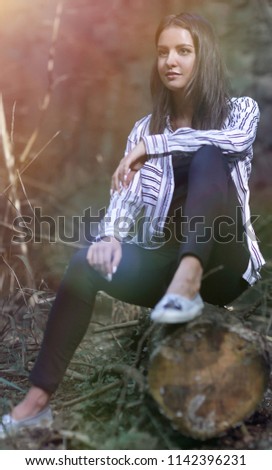 Image, Stock Photo Blonde girl with hat and hands in the head enjoying relaxed the nature in forest.