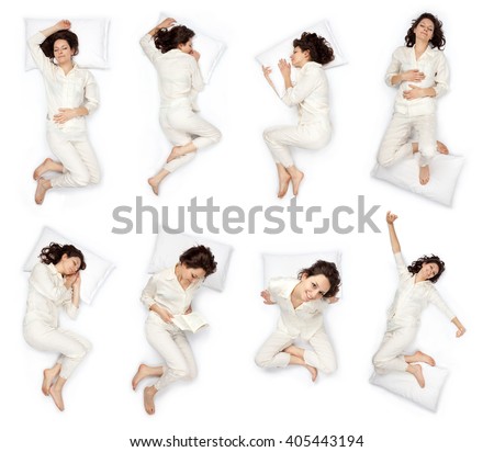 beautiful young woman sleep pose composition set isolated on white