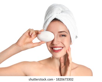 Beautiful Young Woman With Soap Bar On White Background