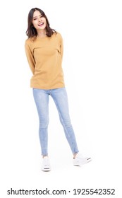 Beautiful Young Woman Standing In Full Body In Casual Wear , Mixed Race Asian Caucasian Girl. Happy Face, A Confident, Beautiful Woman Isolated On A White Background.