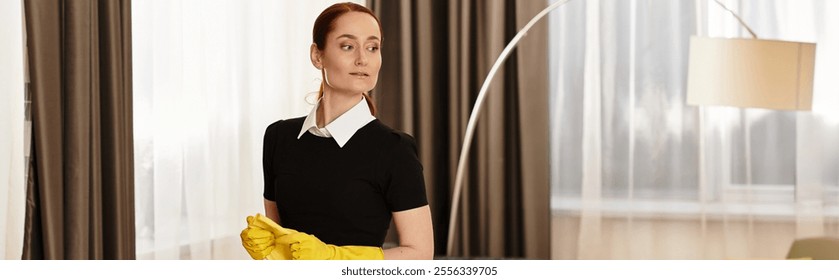 A beautiful young woman stands ready for cleaning, exuding confidence in a stylish outfit. - Powered by Shutterstock