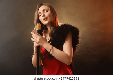 Beautiful young woman in stylish dress with microphone singing on dark background in color lights and smoke - Powered by Shutterstock