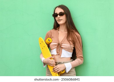 Beautiful young woman in stylish sunglasses with skateboard near turquoise wall outdoors - Powered by Shutterstock