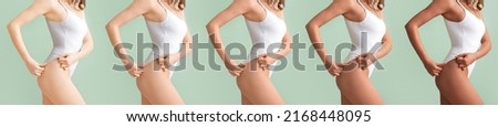 Beautiful young woman in swimsuit on green background. Different stages of tanning