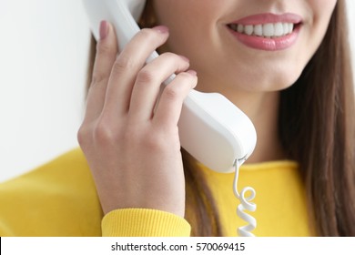 Beautiful Young Woman Talking By Telephone, Closeup