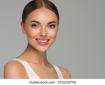 Beautiful Young Woman Teeth Smile Healthy Skin Close Up Portrait