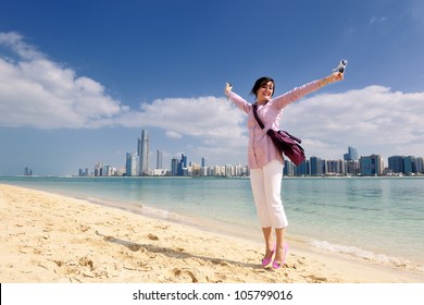 beautiful young woman tourist in dubai and abu dhabi  at vacation and travel trip