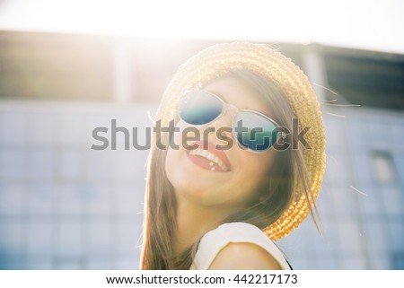 Similar – Happy young woman looking through the window car