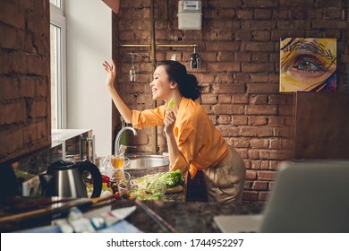 Beautiful young woman waving hand to friend through window while standing by kitchen counter with food - Shutterstock ID 1744952297