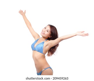 Beautiful young woman wear sexy swimsuit bikini and feel free look to copy space isolated on white background, asian