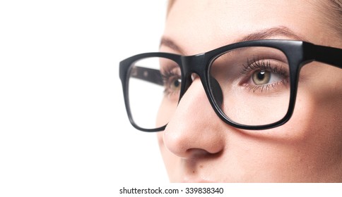 Beautiful Young Woman Wearing Glasses Close-up. Isolated On White Background.