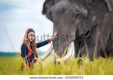 A beautiful young woman wearing a native dress and her elephant in a rice field.