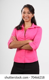 Beautiful Young Woman Wearing Pink Shirt Smiling