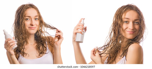 Beautiful Young Woman Wet Hair Spray For Hair Beauty Set On White Background Isolation