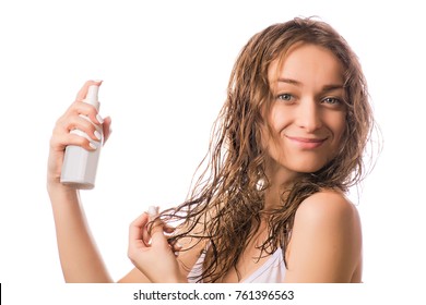 Beautiful Young Woman Wet Hair Spray For Hair Isolated On White Background Isolation