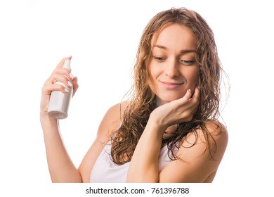 Beautiful Young Woman Wet Hair Spray For Hair Isolated On White Background Isolation