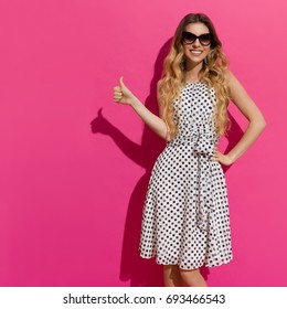 pink dress with white spots