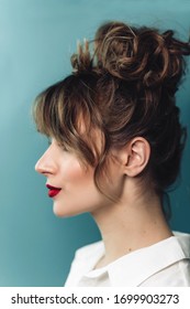 Beautiful Young Woman In White Shirt With Lipstick, Photography Of Pretty Girl With Red Colored Pomade On Turquoise Background