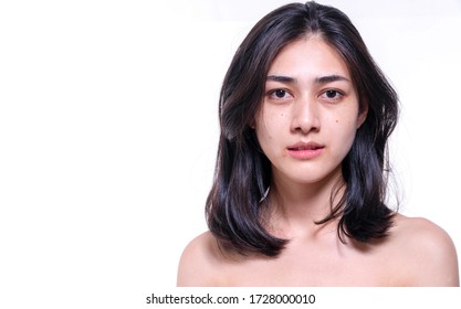 Beautiful young woman without make up on her face no retouch, fresh face while looking at camera on isolated white background. Facial treatment, cosmetic, spa, make up, beauty surgery clinic concept. - Shutterstock ID 1728000010