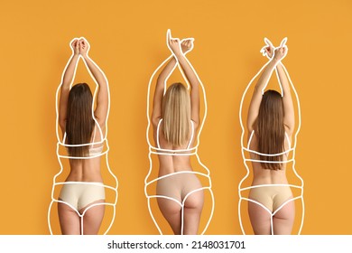 Beautiful young women after weight loss on orange background