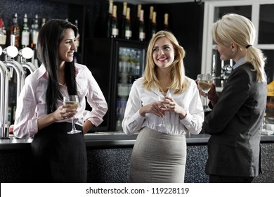 Beautiful young women enjoying a glass of wine after work at a bar.