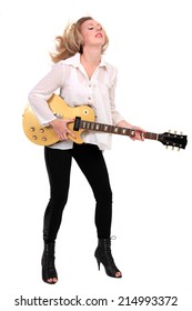 Beautiful Young,blond Woman With A Electric Guitar,isolated On A White Background.