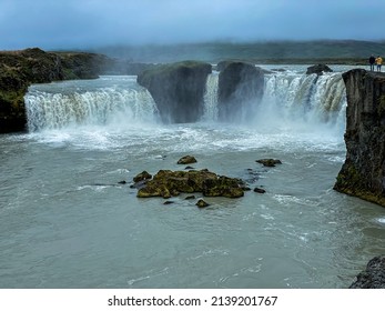 Beautifulaerial view of the massive Godafoss waterfall in Iceland, la waterfall of the gods -Goðafoss	